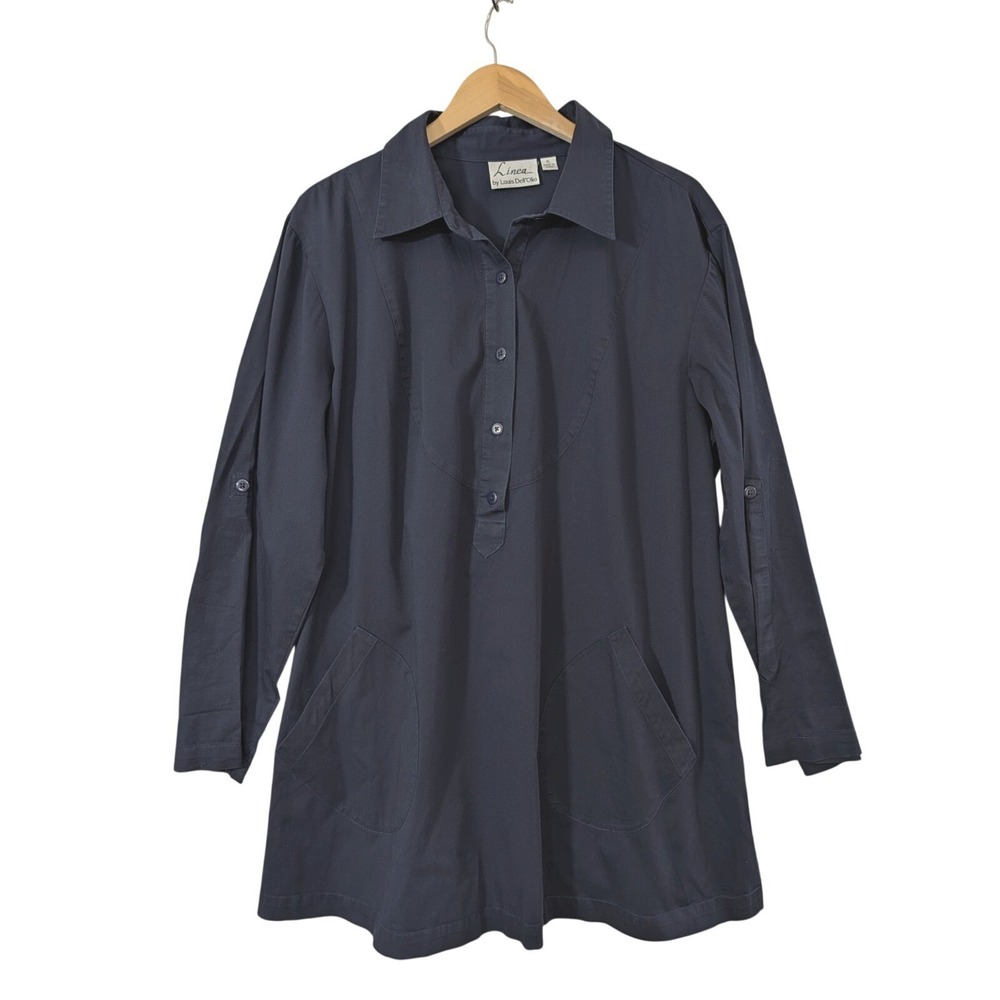 Linea Louis Dell'Olio Tunic Top Womens XL Navy Blue Roll Tab Sleeve Pockets